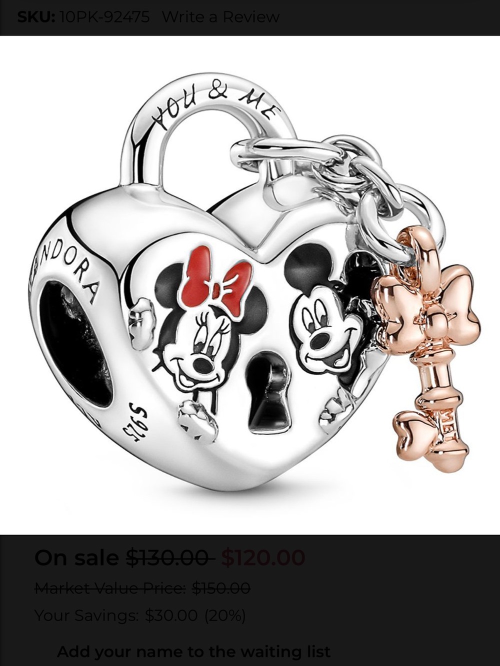 ❤️Disney Pandora Sterling  Silver Mickey & Minnie Heart Lock Charm Rose Gold Key